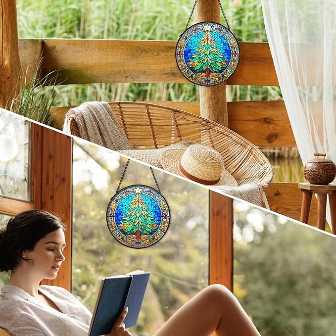 cvjutf Christmas Tree Suncatcher Stained Glass Window Hanging Decor, Winter Xmas Tree Stained Glass Wall Decor, Christmas Garden Sun Catchers Indoor Window Hanging Wall Art Lawn, 7.9x7.9 Inch