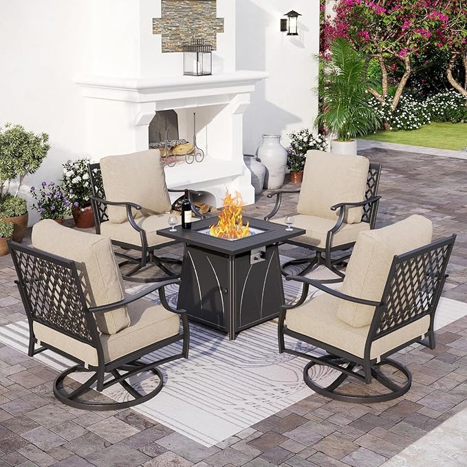 SUNSHINE VALLEY Patio Furniture Set with Firepit Table, 5 Piece Metal Outdoor Patio Furniture set for 4, 4 Swivel Chairs with 5.75" Extra Thick Cushion and Gas Firepit Table for Backyard Poolside Deck