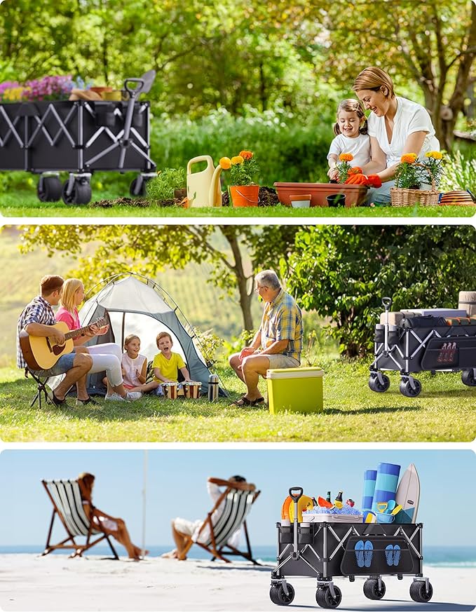 Collapsible Wagon, 440lbs Foldable Wagons Carts with Big Wheels, Heavy Duty Folding Wagon for Beach/Garden/Camping/Grocery-Ink Black