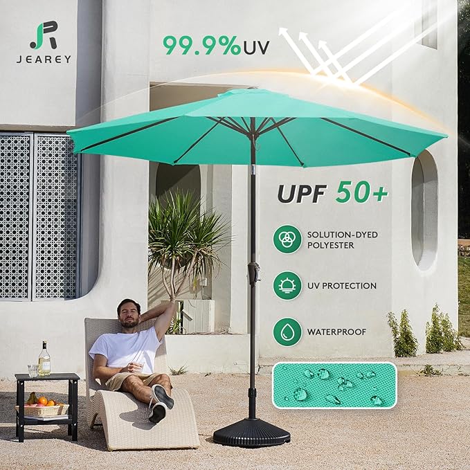 JEAREY 9FT Outdoor Patio Umbrella Outdoor Table Umbrella with Push Button Tilt and Crank, Market Umbrella 8 Sturdy Ribs UV Protection Waterproof for Garden, Deck, Backyard, Pool (Bright Teal)