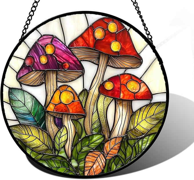 DASTOLL Stained Glass Window Hanging, Mushroom Leaves Suncatcher for Doors Home Sun Catchers Decoration and Christmas, Mother's Day Birthday Gifts for Women, Men, and Mom 11.8x11.8 in