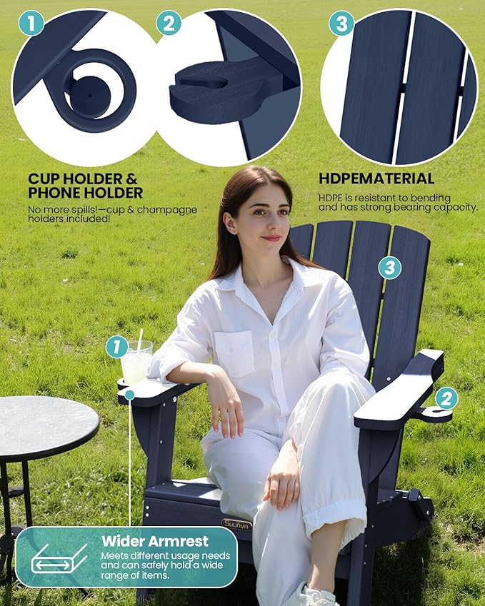 Folding Adirondack Chair 2 Pack, HDPE All-Weather Fire Pit Chairs, Plastic Adirondack Chairs with 2 Cup Holder, Outdoor Lawn Chair for Patio Garden (Navy Blue)