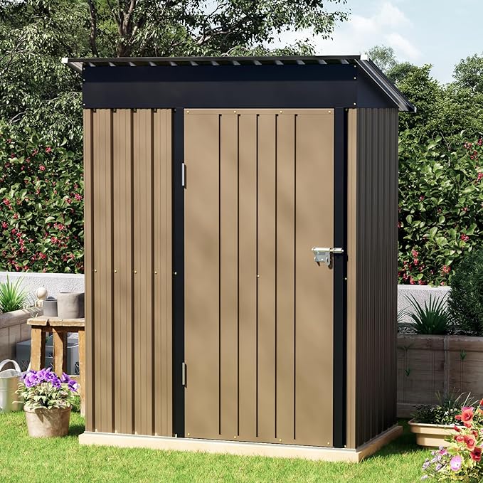3x5 FT Outdoor Metal Storage Shed, Single Door, 1 Clear Window, Tool Shed for Garden, Patio, Backyard Brown