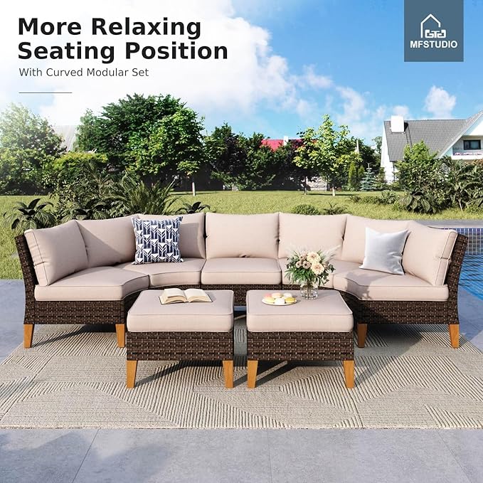 MFSTUDIO 11 Pieces Extra Large Wicker Patio Furniture Set, All-Weather Rattan Half-Moon Patio Conversation Sectional Sofa Set with 56" Fire Pit Table, 8 x Curved Sofa, 2 x Armless Sofa(Beige Cushion)