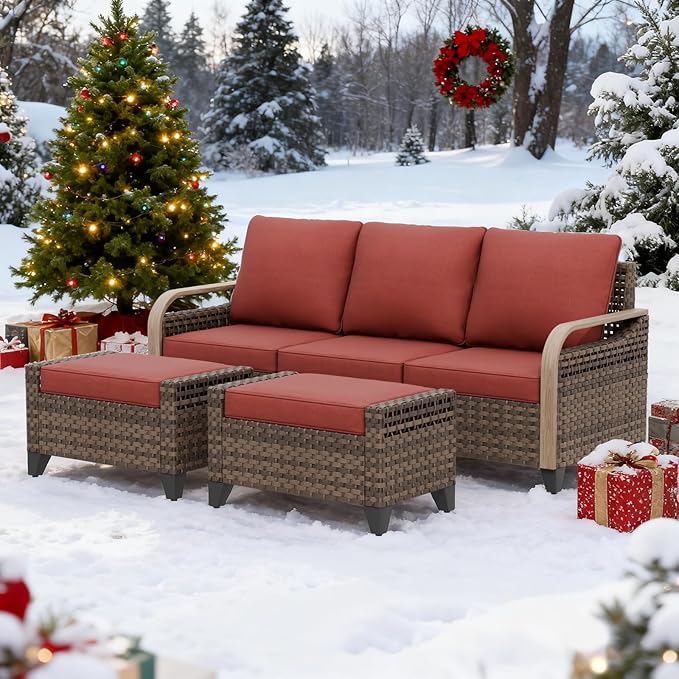 EAGLE PEAK Modern Wicker Outdoor Patio Furniture Set, Patio Conversation Set, a 3-Seat Loveseat and 2 Ottomans, 3 Pieces, Brown/Red