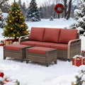EAGLE PEAK Modern Wicker Outdoor Patio Furniture Set, Patio Conversation Set, a 3-Seat Loveseat and 2 Ottomans, 3 Pieces, Brown/Red