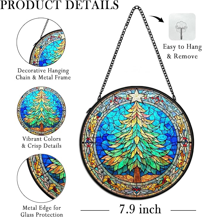 cvjutf Christmas Tree Suncatcher Stained Glass Window Hanging Decor, Winter Xmas Tree Stained Glass Wall Decor, Christmas Garden Sun Catchers Indoor Window Hanging Wall Art Lawn, 7.9x7.9 Inch