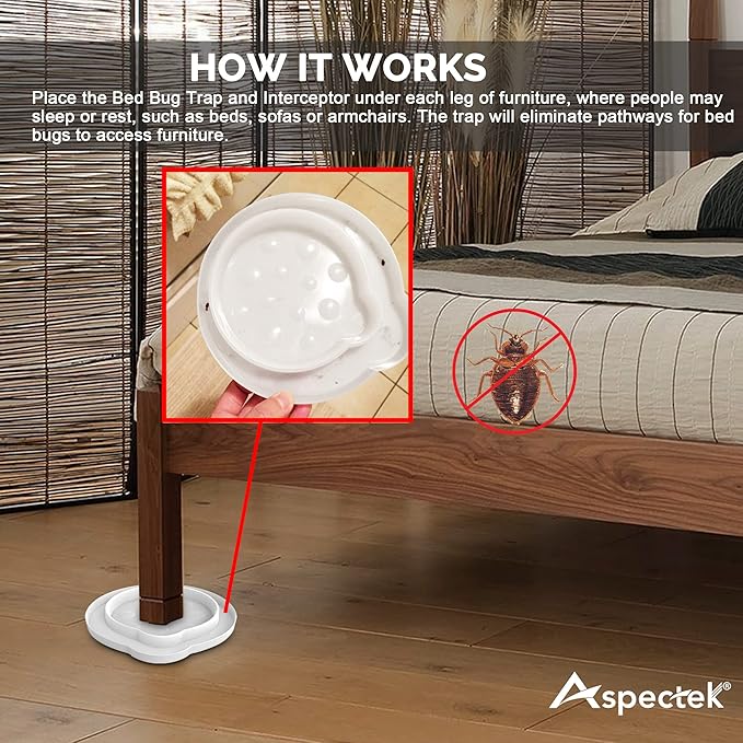 ASPECTEK Bed Bug Detector and Interceptor - Safe, Eco-Friendly Bug Trap for Monitoring and Prevention, Effective Bed Bug Traps for Home Use, Pack of 4, White