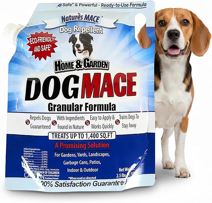 Nature’s MACE Dog MACE Granular Dog Repellent, 2.5 lb – Outdoor Dog Deterrent for Lawn, Yard, Garden, and Plants, Helps Keep Dogs Away from Bushes and Flower Beds, Covers up to 1,400 Sq. Ft.