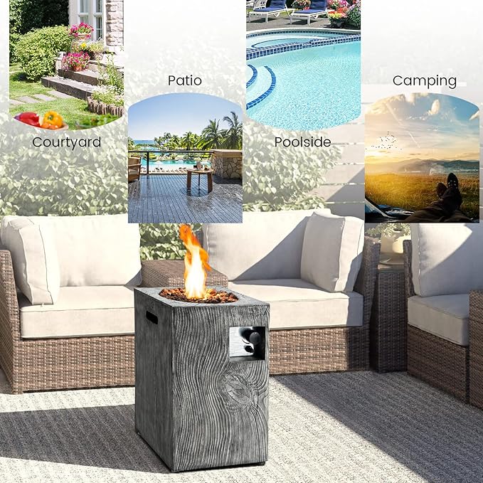 Tangkula 16 Inch Patio Propane Fire Pit, Patiojoy Electronic Ignition Square Gas Fireplaces with Protective Cover, 30,000 BTU Outdoor Fire Pit with Lava Rocks, Touch-up Pen for Backyard, Patio (Grey)