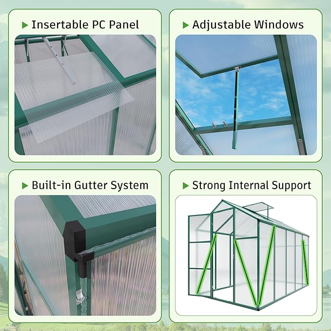 Greenhouse for Outdoors 6.1x6.1x7.2 FT, Polycarbonate Greenhouses with Roof Vent, Lockable Door and Ground Nails, Heavy-Duty Aluminum Walk-in Green House, Large Sunroom for Garden, Green