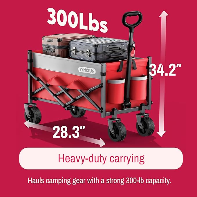 SYNCFUN Collapsible Wagon Cart with Wheels 300lbs Red, Portable Sports Utility Rolling Wagon for Beach, Garden, Camping & Grocery, Fishing