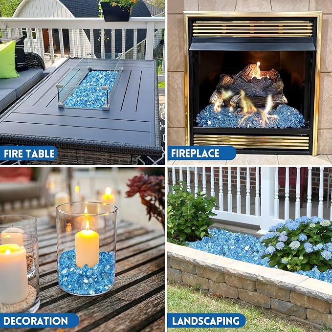 GasSaf 1/4 Inch Fire Glass Reflective Tempered Fireglass Cut Crushed FireGlass for Fire Pit, Fireplace, Replaces Existing Gas Logs & Lava Rocks (20 Pound)(Pacific Blue Reflective)