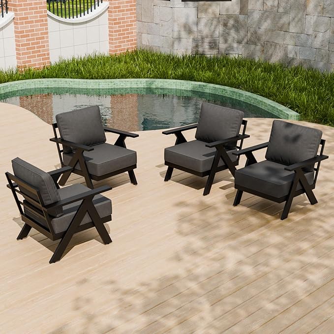 Urban Anvil 4 Pieces Patio Furniture Outdoor Metal Armchairs, All-Weather Patio Accent Chairs with Cushions for Balcony, Porch, Deck, Black/Gray