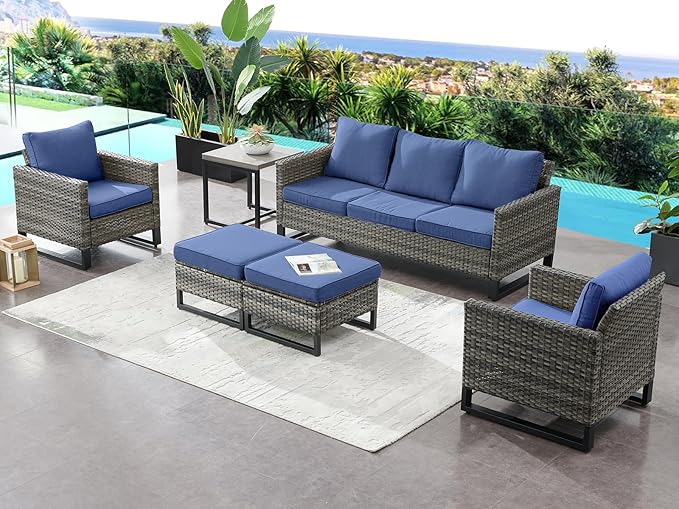 HUMMUH 6 Piece Patio Furniture Outdoor Sectional Sofa Set All-Weather Wicker Outdoor Chairs with End Table Ottomans for Patio,Porch,Garden,Backyard
