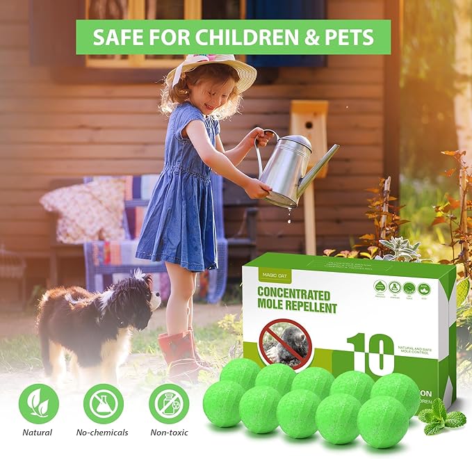 MAGIC CAT® Mole Repellent Outdoor Gopher Repellent, Natural Castor Oil Vole Repellant Outdoor Pet Plant Safe, Groundhog Repellent Mole Deterrent to Keep Vole Groundhog Out of Lawn Yard Garden-10P