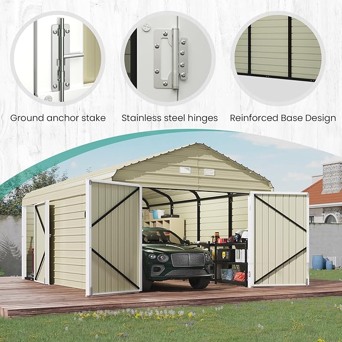 EROMMY 12x20 FT Heavy Duty Carport - Galvanized Steel Frame Car Shelter with Reinforced Base, Enclosed Storage Shed for Cars & Trucks, Gray