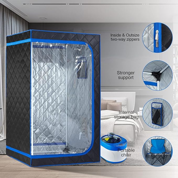 ZONEMEL Full Size Portable Steam Sauna Kit, Personal Full Body Sauna Spa for Home Relaxation, 4 Liters 1500 Watt Steamer, Remote Control, Timer, Foldable Chair (Black, Clear Door)