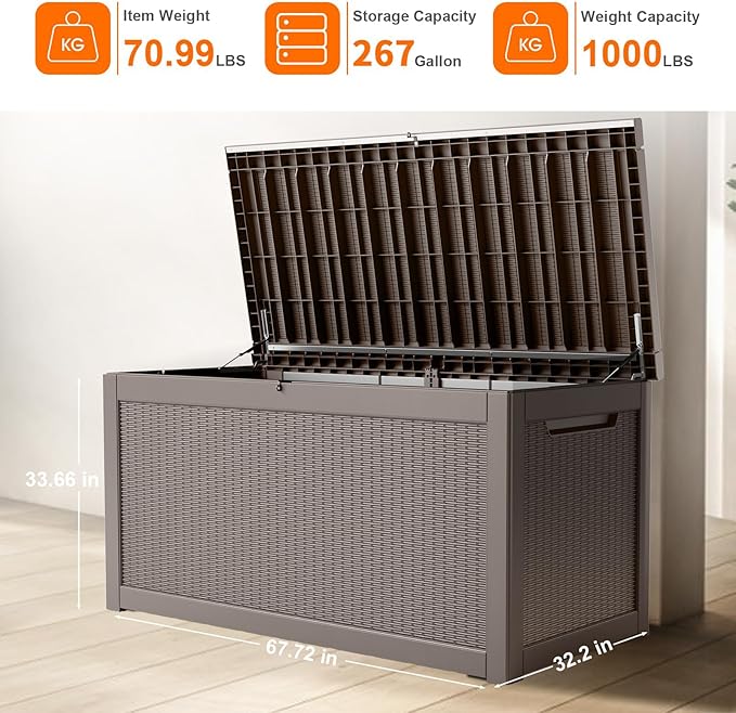 267 Gallon Deck Box Large Outdoor Storage for Patio Furniture,Outdoor Cushions,Garden Tools and Pool Supplies,Waterproof,Resin,Lockable(Grey Rattan)