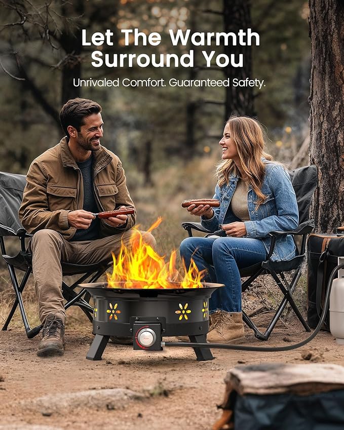 AMADA HOMEFURNISHING 24″ Propane Fire Pit with Grill Grate, 58,000 BTU, Folding Legs, Propane Tank Holder, Cover, and Carry Strap, No Ignition Needed, Easy Flame Adjustment, Portable