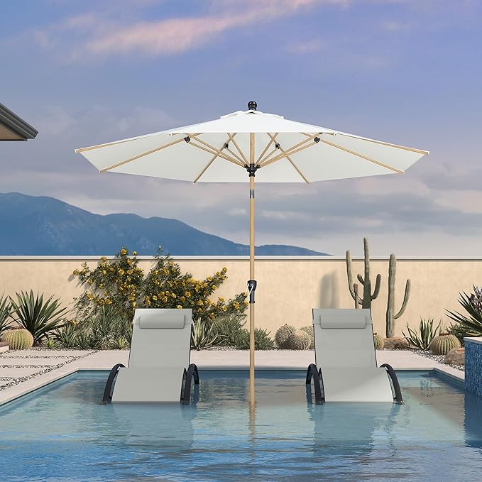 PURPLE LEAF 9 Feet Patio Umbrella with Base Market Umbrella Round Outdoor Umbrella with Push Button Tilt & Crank and 8 Ribs Aluminum Outdoor Table Umbrella for Garden Deck Balcony, Cream
