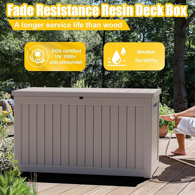 Vixzen 280 Gallon Resin Deck Box, Lockable Outdoor Storage Box for Patio Cushions Storage Furniture,Garden Tools, Pool Supplies, Weatherproof and UV Resistant- Grey