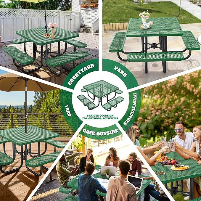 46" Square Top Outdoor Picnic Table Set for Up to 8 Persons, Outside Table Set with 4 Built-in Benches, Metal Commercial-Grade Dining Furniture with Umbrella Hole for Garden, Backyard, Porch, Green