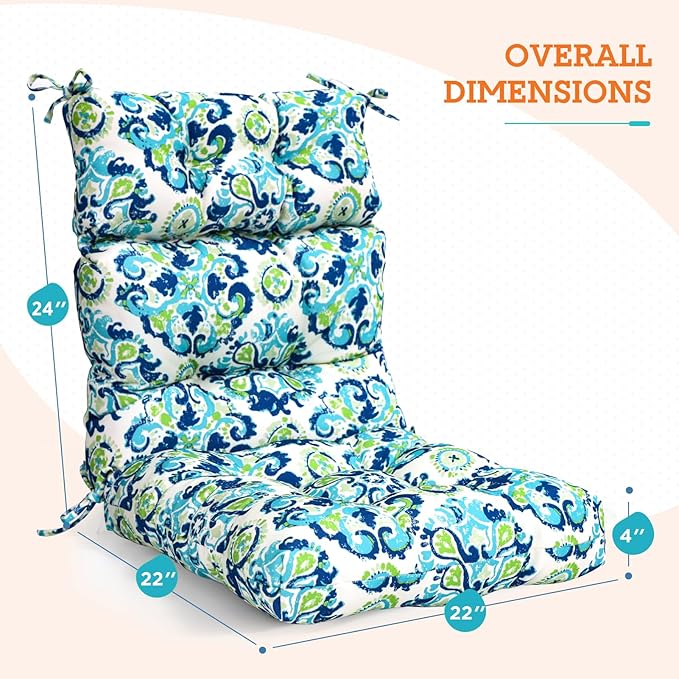 EAGLE PEAK Tufted Outdoor/Indoor High Back Patio Chair Cushions, Set of 2, 46'' x 22'', Green/Blue Modern