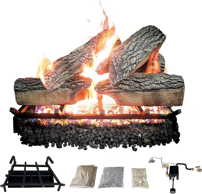 18" Premium Gas Logs - Safety Pilot Light Kit Included - for Liquid Propane Vented Fireplaces - Blazing Oak Design (Logs + Safety Pilot Light Kit)
