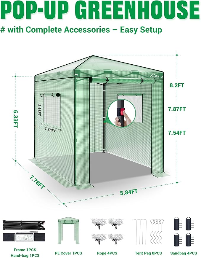 8x6 Instant Pop up Greenhouses, Indoor Outdoor Portable Greenhouse Walk-in, Small Green House for All Season with Roll-Up Zipper Doors and Side Windows, 4 Sandbags, Pe Cover, Green/Clear