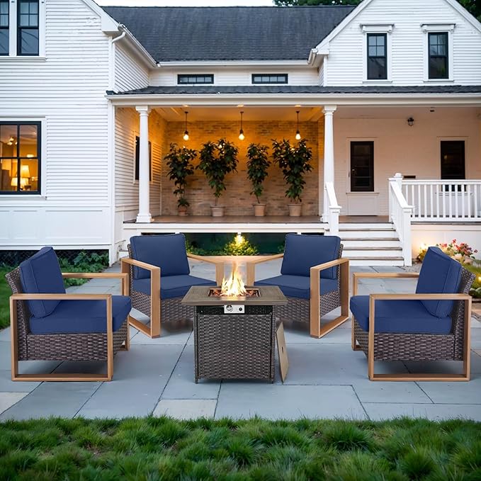 Belord Social 5 Pieces Patio Furniture Set - Patio Chairs Set of 4 with 50000BTU Propane Fire Pit Table, Durable Wicker Outdoor Conversation Set for Casual Gathering