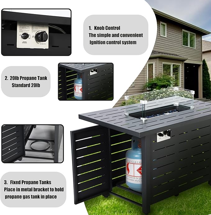 Fire Pit Table, 43" Outdoor Fire Pit Table, 50,000 BTU Gas Fire Table with Lid, Glass Wind Guard for Outside Garden Backyard Deck Patio