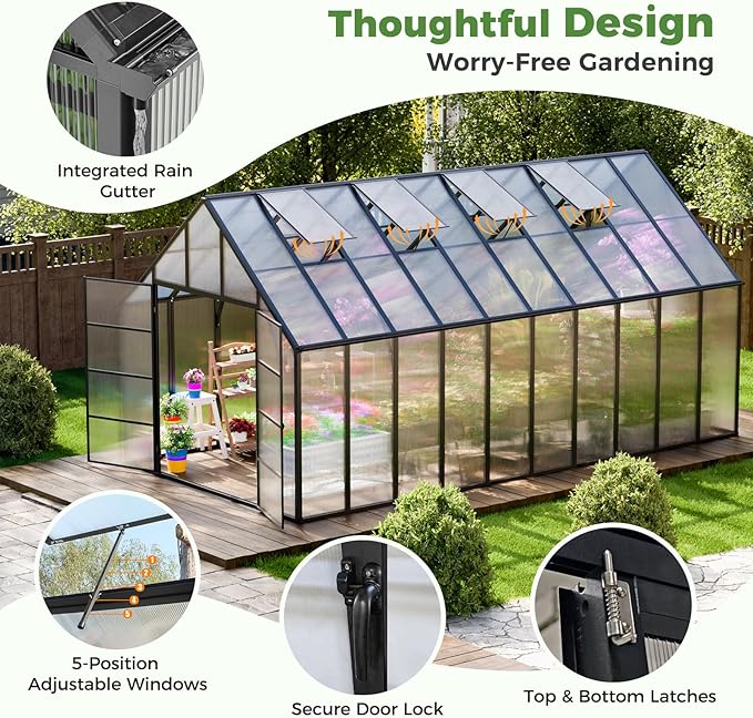 20x10x10 FT Outdoor Greenhouse, Easy Assembly Large Thicker Aluminum Polycarbonate Kit, 4 Vent Windows, Swing Door, Walk-in, for Sunroom, Patio, Backyard