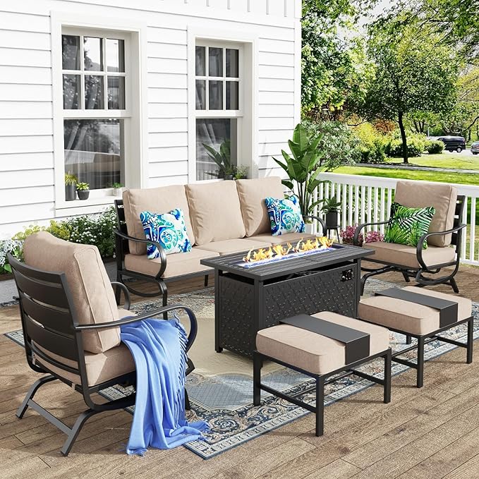 MFSTUDIO 6 Pieces Patio Furniture Sets with 45" Gas Fire Pit Table(Up to 7 Seat),Outdoor Metal Conversation Sofas with 1 x 3-Seat Sofa,2 Rocking Chairs and 2 Ottoman,Beige Cushion