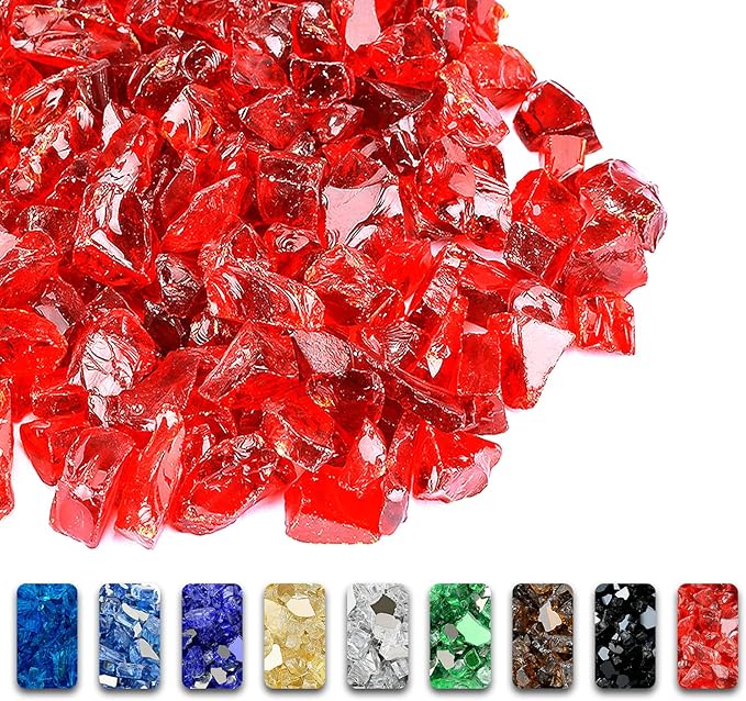 GRISUN Red Fire Glass for Fire Pit, 1/2 Inch 10 Pounds High Luster Reflective Tempered Glass Rocks for Natural or Propane Fireplace, Safe for Outdoors and Indoors Firepit Glass