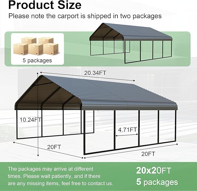 RV Metal 20x20FT Carport Canopy Heavy Duty Carports Kits for Garage,Aluminum Car Ports with Steel Shelter Frame Cover for 2 Car or Boats