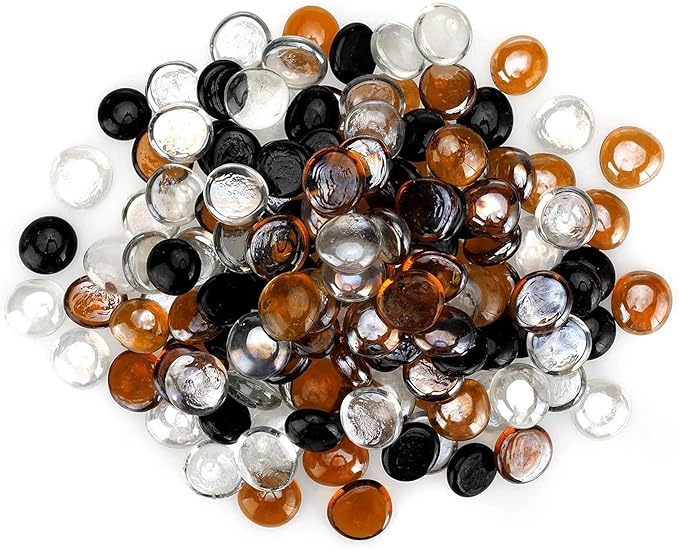 onlyfire 10 Pounds Fire Glass Beads for Propane Fire Pit and Gas Fireplace, 1/2 Inch Round Firepit Glass Rocks Flat Marbles for Fire Pit Table, Onyx Black, Crystal Ice and Caramel Luster
