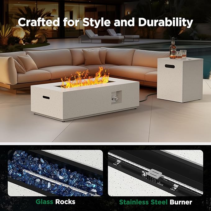 Ciays 42 Inch Propane Fire Pit, 50,000 BTU Outdoor Gas Fire Pit Table for Outside Patio with CSA Certification, Glass Rocks, Rectangular Heater for Backyard, with Waterproof Cover & Adjustable Legs