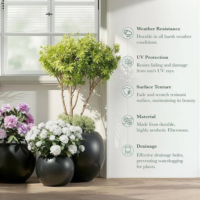 DTY Signature Mount Sherman Modern Indoor Outdoor Fiberstone Sphere Planter, Durable Round Garden Pot, Weather Resistant, Drainage Hole & Rubber Plug, Planter for Christmas Tree - Large, Black