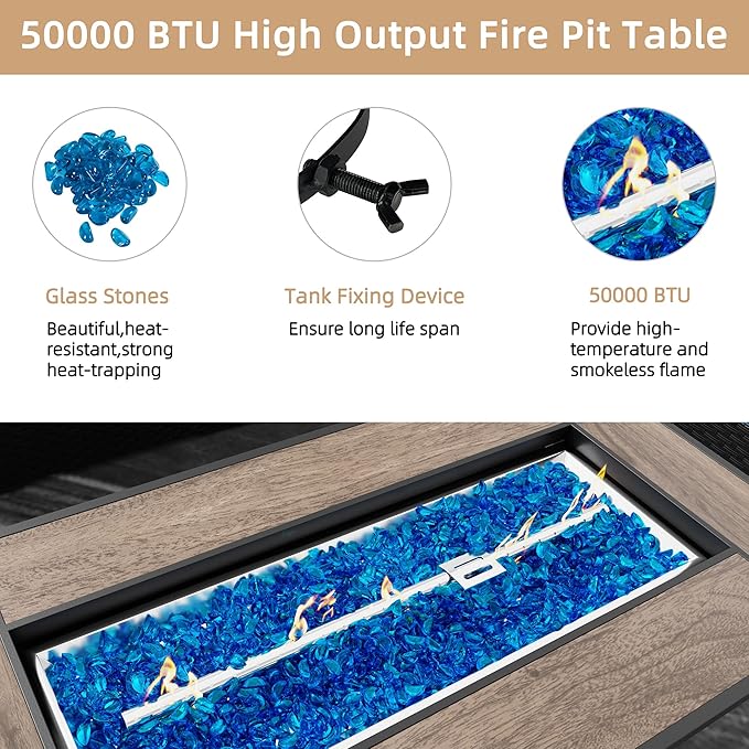 JAMFLY Propane Fire Pit Table 45 Inch, 50,000 BTU Outdoor Gas Firepit Table for Outside Patio with Glass Wind Guard, Blue Glass Rocks,Waterproof Cover, Black/Walnut Wood