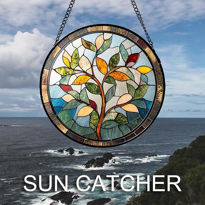 QZQCBLC Stained Glass Window Hanging Colorful Tree of Life 7.8" - Plant Leaves Suncatcher Door Garden Sun Catcher Home Decor Birthday Christmas for Mom Men Woman Nana Friend