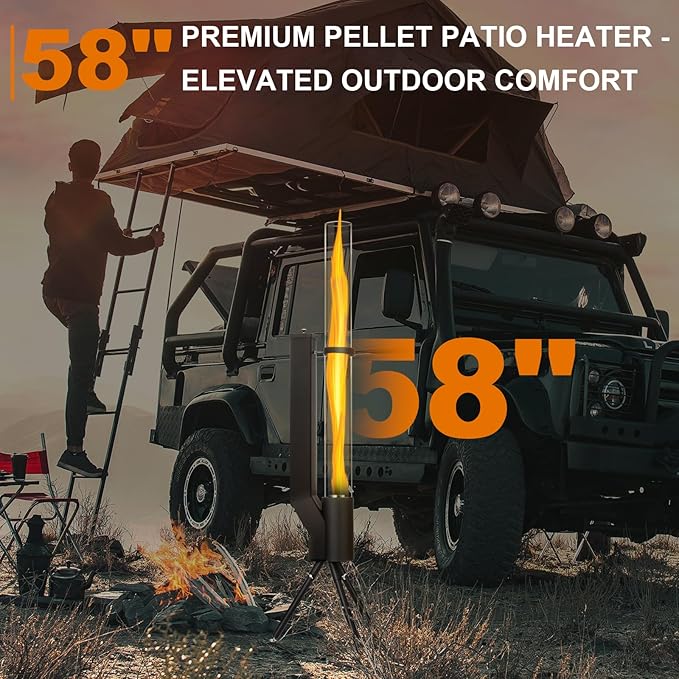 58 Inch Outdor Wood Pellet Patio Heater with Ash Tray, Pellet Fire Tube, Ideal for Camping, Campfire Party, Outdoor Dining, Patio, Backyard, Beach, Bring Happiness to Your Life