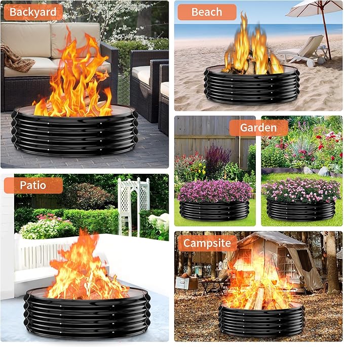 36 Inch Fire Pit Ring for Outside, Heavy Duty High Heat Resistant Outdoor Wood Burning Firepit & Fireplace,12" Tall,Portable Galvanized Steel Fire Pits Bowl for Backyard Bonfire,Patio,Camping,Round