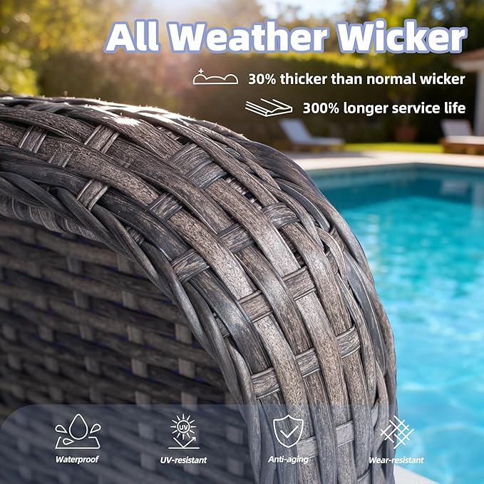 2 Pcs High Back Wicker Patio Chair Set with Ottoman, Outdoor Porch Chair with Thick Cushion for Balcony Deck Yard and Porch, Peacock Blue