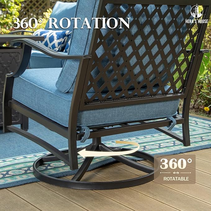 HERA'S HOUSE 5 Pieces Fire Pit Patio Furniture Set, 4 x Thick Cushioned Swivel Chairs with 28" Fire Pit Table (50,000 BTU), Outdoor Conversation Set for Garden Backyard Lawn, Navy Blue