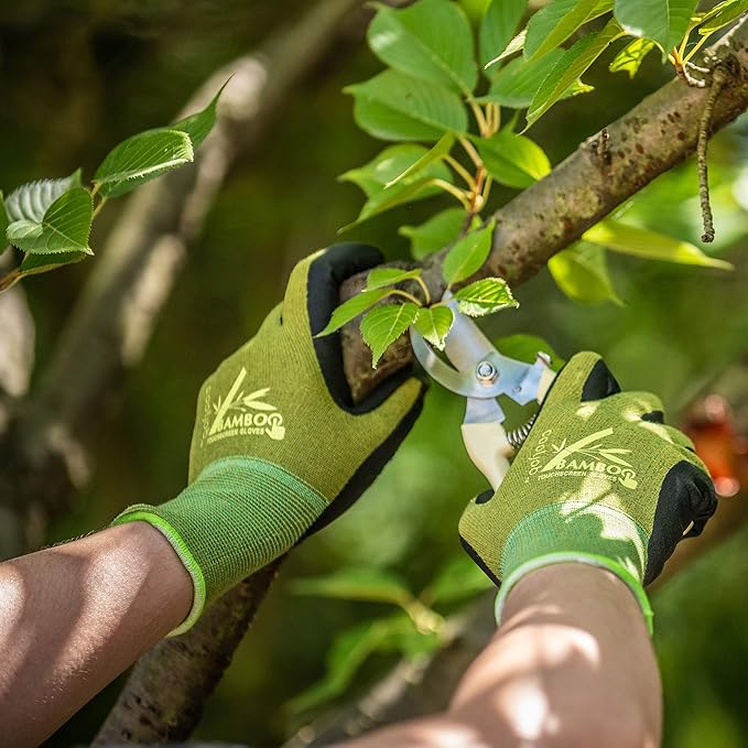 COOLJOB 2 Pairs Gardening Gloves for Women and Men, Bamboo Working Gloves Touchscreen, Grippy Nitrile Rubber Coated Work Gloves, Green/Black, Large Size (2 Pairs L)
