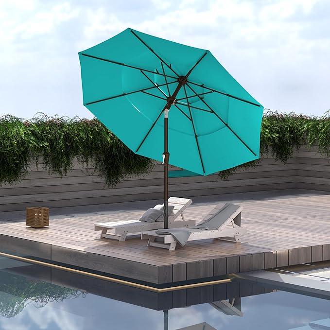 9FT 3-Tier Large Outdoor Patio Umbrella Market Table Umbrella-UV Resistant,Easy Push Button Tilt and Crank,8 Sturdy Fiberglass Ribs Heavy-Duty Pool Umbrella for Deck,Backyard,Garden,Yard,Light Blue