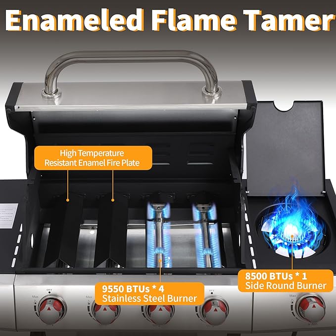 4 Burner Propane Gas Grill Combo w/Side Burner, 3-in-1 BBQ Grill with Charcoal Smoker & Griddle Plate, 46,650 BTU, 448 Sq.In. Stainless Steel Outdoor Cooking Station