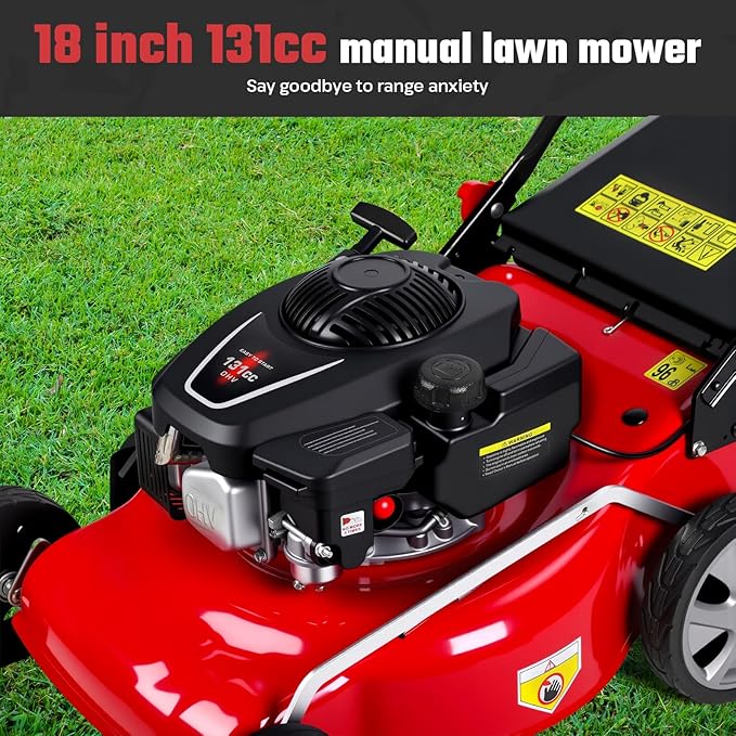 3-in-1 Self-Propelled Lawn Mower, 131cc Gas Engine, Push Mower with 50L Grass Catcher, Adjustable Cutting Height (25-75mm), Rear-Wheel Drive Lawn Mower for Easy Maneuvering (Red)