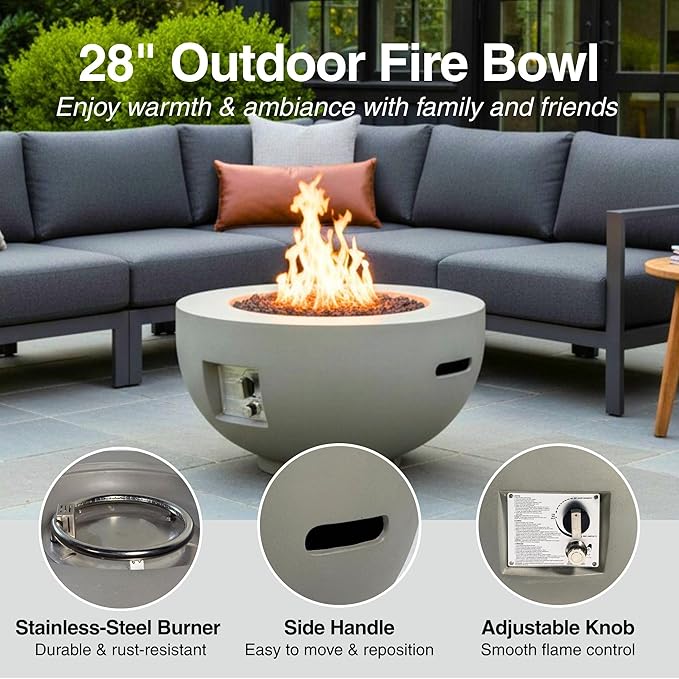 28-inch Round Fire Pit Table with Propane Tank Table,Set-2-Piece,Light Concrete Fire Pit Bowl with Free Lava Rocks, Rain Cover and Burner Lid, for Outside Patio, Garden, Deck, Light Grey